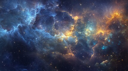 Fototapeta premium A deep blue nebula with swirling patterns and patches of orange and yellow.