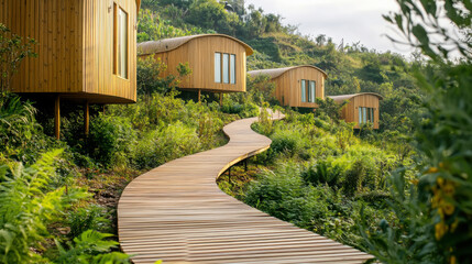 Eco retreat in nature: serene wooden pathway through verdant greenery for sustainable travel experiences