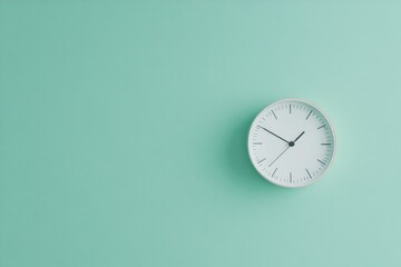 Minimalist clock on teal wall, time management concept