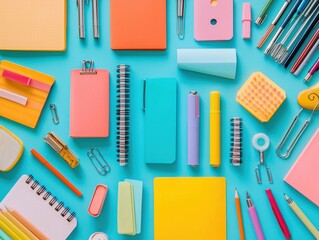 Neatly arranged office and school supplies in vibrant colors