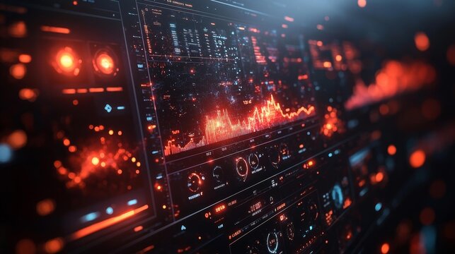 High-tech digital interface with red and blue data visualization elements. Generative AI - Powered by Adobe