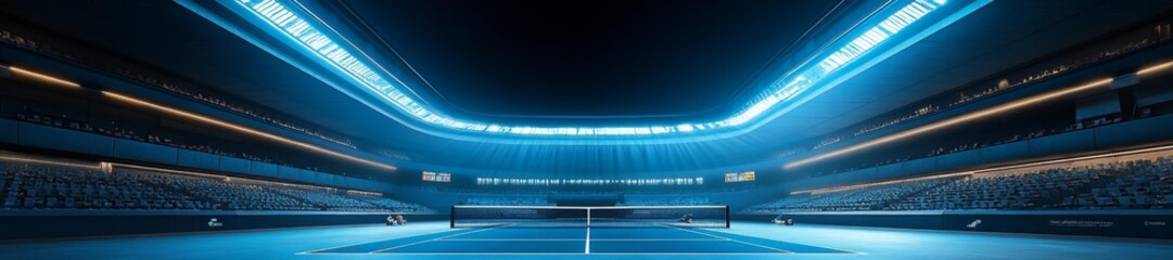 High-tech indoor tennis court with illuminated seats and blue lighting highlighting the court. Generative AI