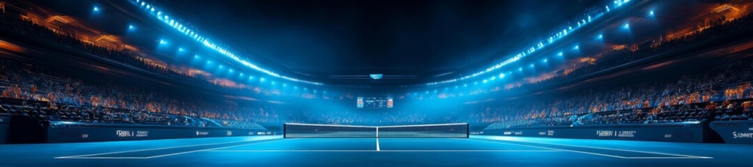 Vibrant futuristic tennis arena with blue lighting effects enhancing the court view. Generative AI