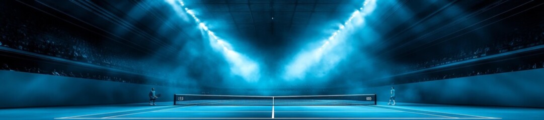 Futuristic tennis court in a stadium with blue lighting effects creating an intense dynamic atmosphere. Generative AI