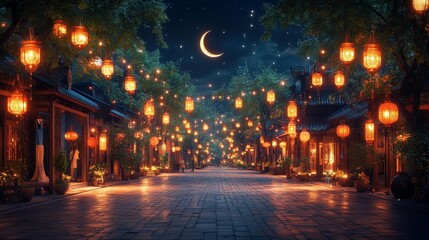 A festive street with glowing lanterns and crescent moon lighting up the night sky. Generative AI