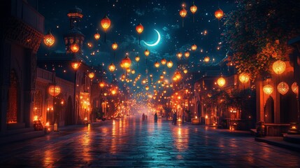 A magical festive street with glowing lanterns under a crescent moon at night. Generative AI
