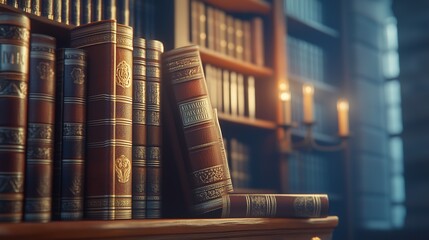 Old books on a shelf. Image of a leather banner with a leather header. Library of books and literature in the library. A shelf of antique books lifestyle.