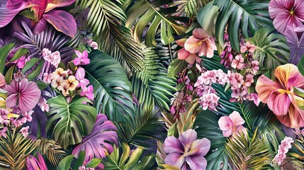 Fototapeta premium A summer-inspired seamless pattern featuring colorful tropical leaves and flowers against a soft pastel backdrop. This vibrant jungle print is ideal for textiles, wallpaper, and exotic seasonal design