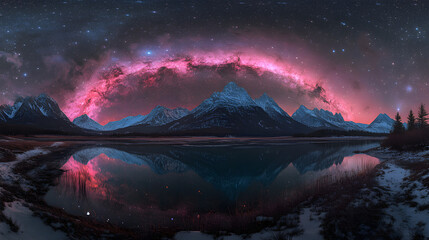 A vibrant Milky Way glowing in teal and magenta reflected perfectly in the still waters of a mountain lake.