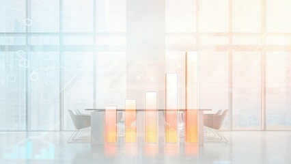 concept business growth hologram Bright, modern office interior with a bar graph overlay, symbolizing growth and corporate strategy.