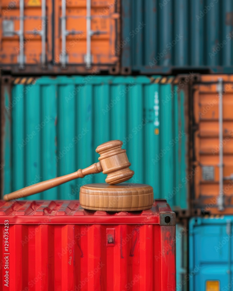 Poster gavel on red shipping container with colorful containers background.