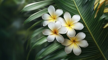Fototapeta premium A three-dimensional wallpaper design incorporating tropical flowers and lush leaves, enhancing spaces with a vibrant and exotic botanical theme.