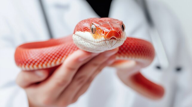 A red snake is being held by a vet in a white lab coat. The snake is coiled around the person's arm and he is resting on their hand. Concept of curiosity and fascination with the snake