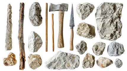 Collection of Stone Age Primitive Tools and Rocks.