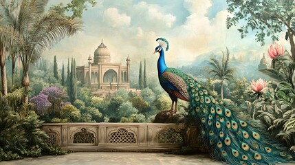 An artistic mural wallpaper featuring a traditional Mughal garden scene, complete with a majestic peacock, lush trees, and an intricately detailed palace