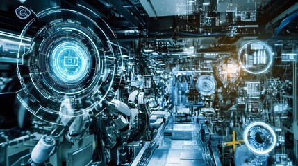 Futuristic robotic assembly line with advanced technology and digital interfaces in action