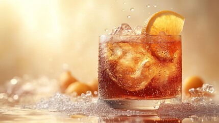 Fresh Orange Cocktail with Ice and Bubbling Soda. Generative AI