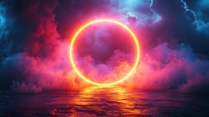 Neon circle portal in a stormy, cloudy landscape