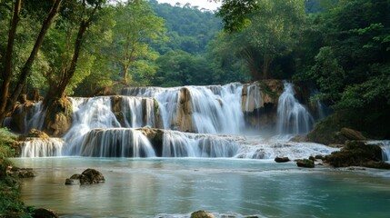 Fototapeta premium Serene Multi Tiered Waterfall in Lush Tropical Forest