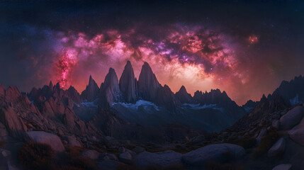 A vivid Milky Way painted in shades of magenta and crimson arching above rugged mountains.
