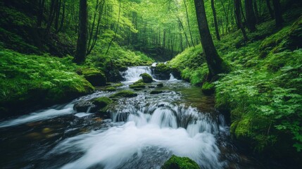 Obraz premium Serene Forest Stream: Lush Green Trees, Mossy Rocks, Flowing Water