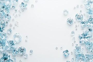 A white background with scattered diamonds and aquamarine gemstones