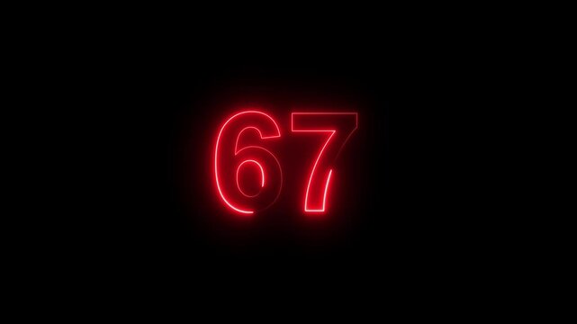Glowing neon red number 67 with alpha channel countdown icon background 4k animation