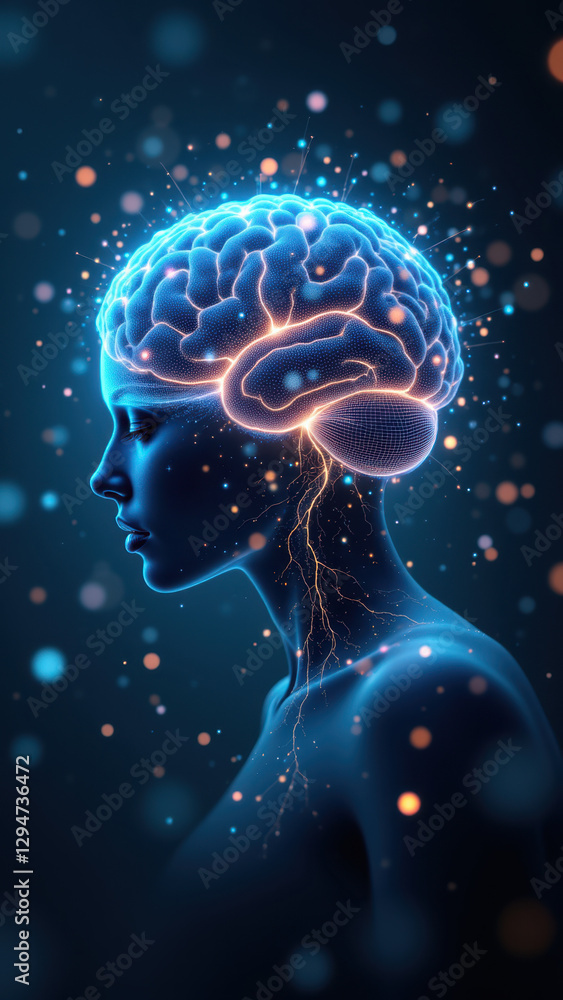 Poster a digital illustration showcasing an artificial general intelligence concept with a humanoid figure 