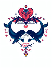 Whales dance in harmony beneath a vibrant heart, celebrating love and connection in a whimsical underwater world