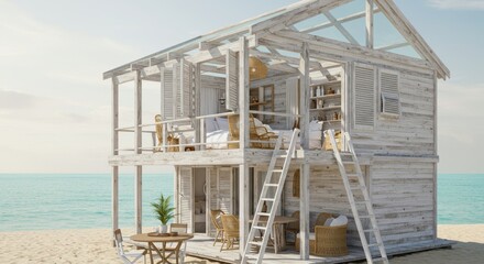 Serene beachside cabin retreat with weathered wood and clear glass roof