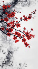 Beautiful red plum blossom flower at full blooming in winter.