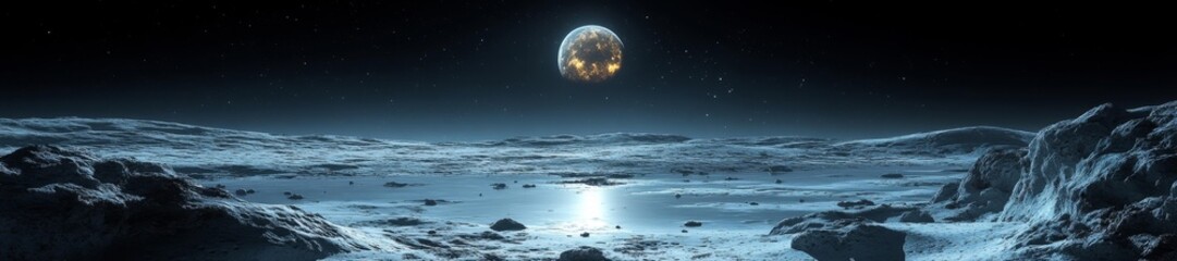 Cosmic Landscape with Moon and Spacecraft Passing Through Stellar Nebula. Generative AI