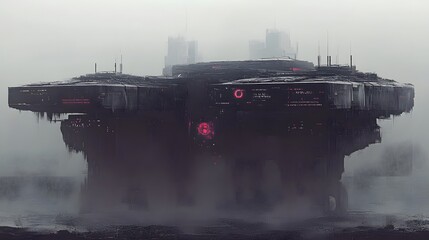 Futuristic structure emerging from fog, surrounded by a desolate landscape with muted colors