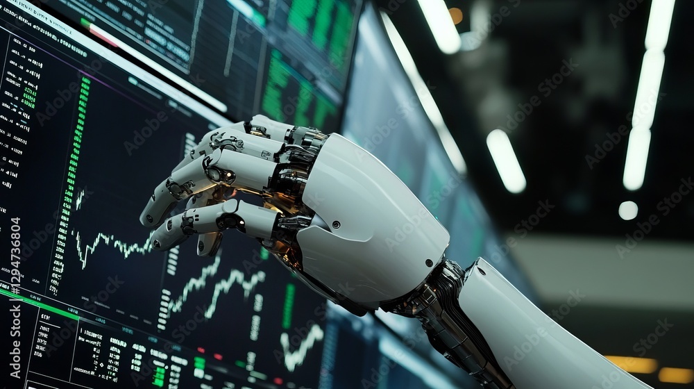 Poster robotic hand analyzing stock market data futuristic technology advanced ai artificial intelligence d