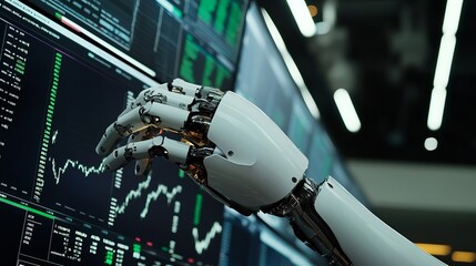 Robotic Hand Analyzing Stock Market Data Futuristic Technology Advanced AI Artificial Intelligence Digital Finance Investment Trading Modern Business 