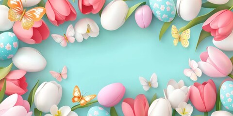 Easter Background with Colorful Spring Tulips, Butterflies, and Painted Eggs &ndash; Festive Holiday Stock Photo