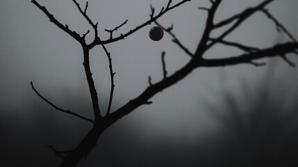 Lone berry on a bare branch in fog.