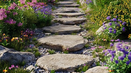 Obraz premium Stone Pathway Garden Spring Flowers Blooming Nature Walk Tranquil Serene Peaceful Beautiful Lush Greenery Summer Landscape Scenery Rocks Pathway Steps