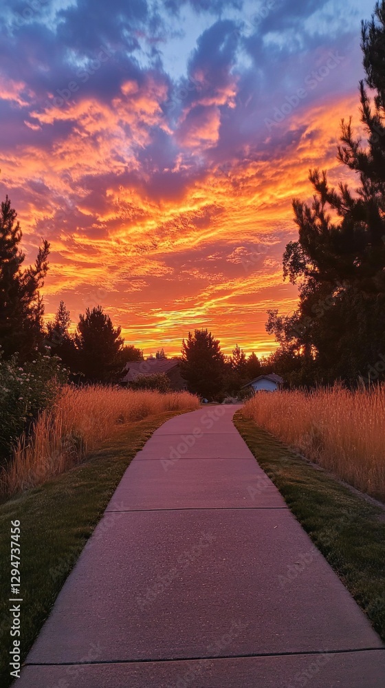 Poster golden rays of sunlight spill across the horizon, illuminating a winding path embraced by tall grass