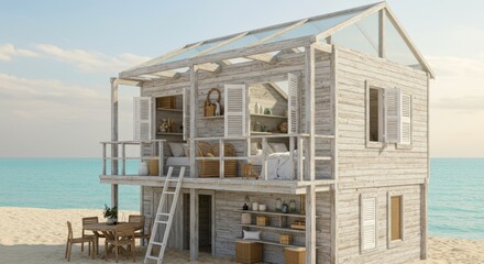 Beachfront bliss, Two-story weathered cabin with glass roof on the sand