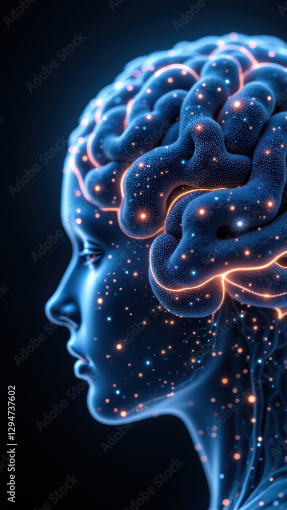Poster a digital rendering of a human head with an animated brain and neural connections, symbolizing artif