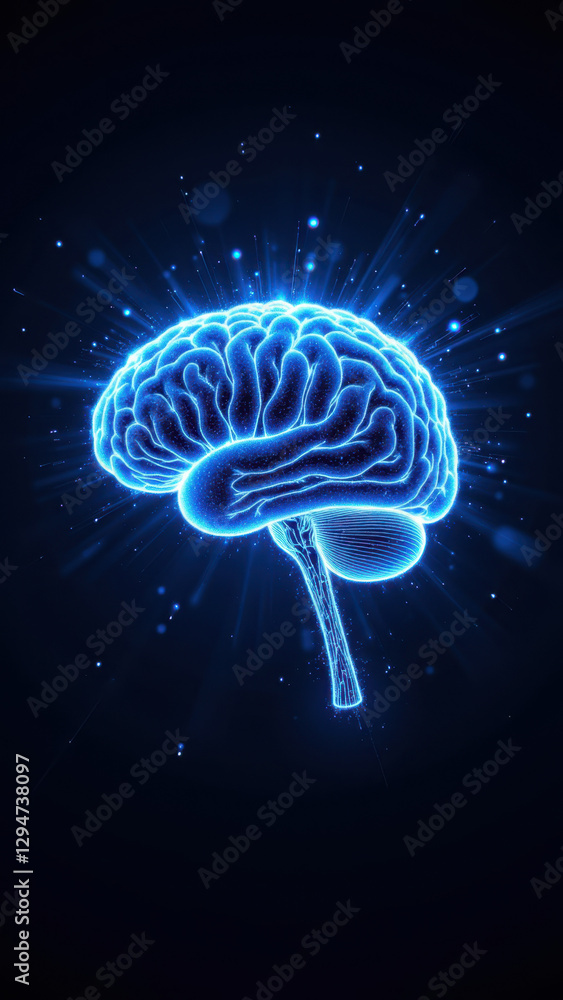 Poster computer generated image of human brain with blue glow and artificial intelligence-themed background