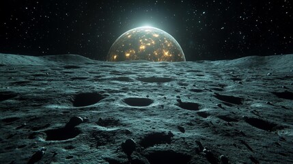 The Moon's Surface and a Glowing Planet in the Distant Horizon. Generative AI