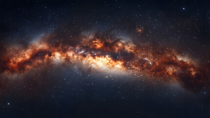 Naklejka premium The Milky Way illuminated in fiery shades of red and orange blending into a dusky horizon.