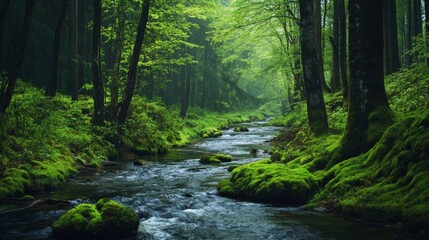 Lush Green Forest Stream Nature Scene