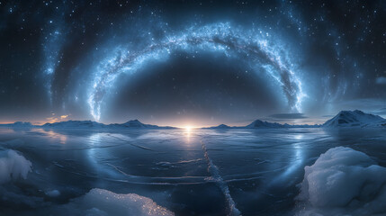 The Milky Way illuminated in icy tones of pale blue and silver arching over a frozen lake.