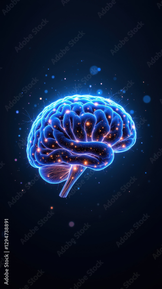 Poster a vivid illustration of an artificial general intelligence concept with a brain that symbolizes tech