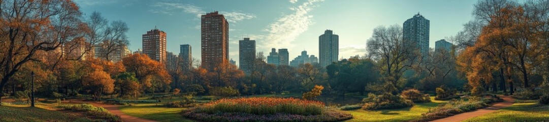 Obraz premium A beautiful urban park with green paths trees and flowers in a city environment. Generative AI