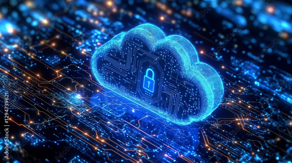 Poster secure cloud computing digital data network technology abstract background blue glowing lines circui