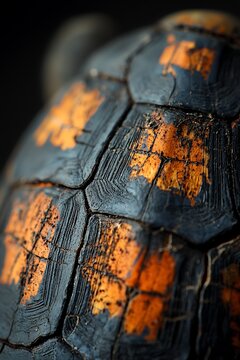 Macro photography of turtles shell focusing on the fine textures and natural earthy tones in a soft tropical setting